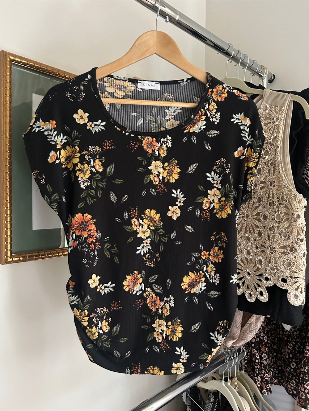 Kenar M Black Short Sleeve Floral Tee with Yellow & Orange Blooms